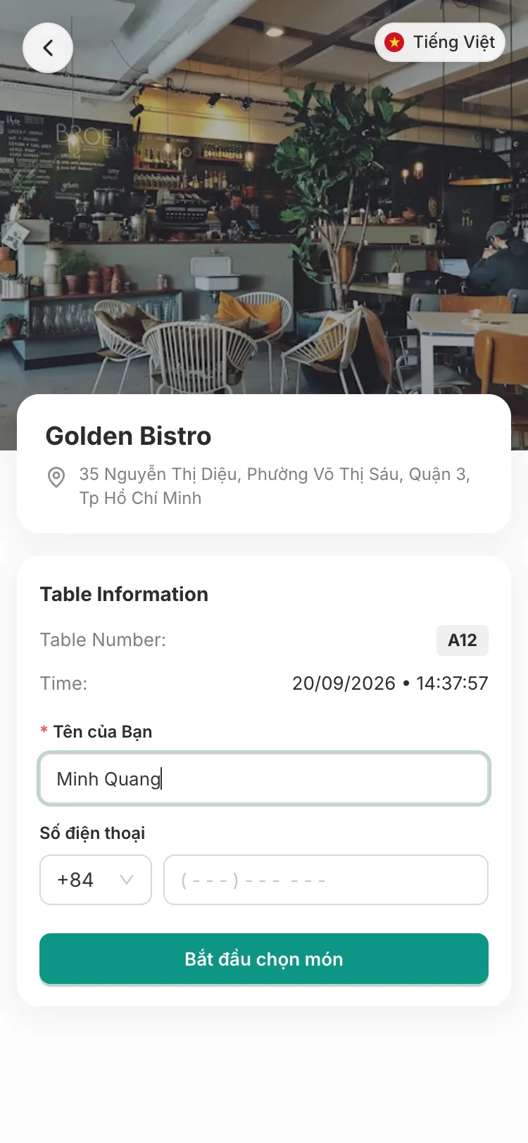 Table information form showing table A12, the current date and time, a name field filled in with “Minh Quang”, an optional phone number field and a green “Bắt đầu chọn món” (start choosing dishes) button.