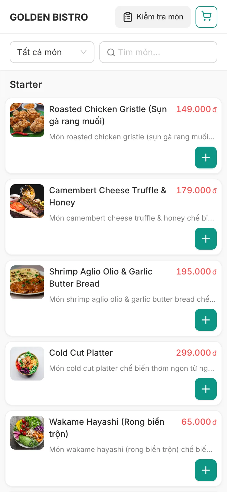 Menu screen listing starter dishes such as Roasted Chicken Gristle for 149,000 đ and Camembert Cheese Truffle and Honey for 179,000 đ, each with a photo and a green plus button. The header has a cart button and a “Kiểm tra món” (check orders) button.