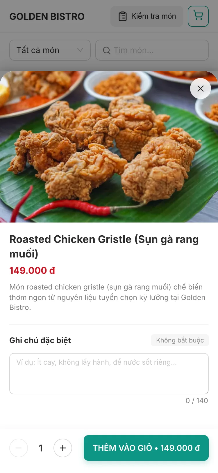 Dish detail sheet for Roasted Chicken Gristle (Sụn gà rang muối) at 149,000 đ, with a large photo, a special-notes text box, a quantity stepper and a “Thêm vào giỏ” (add to cart) button showing the price.