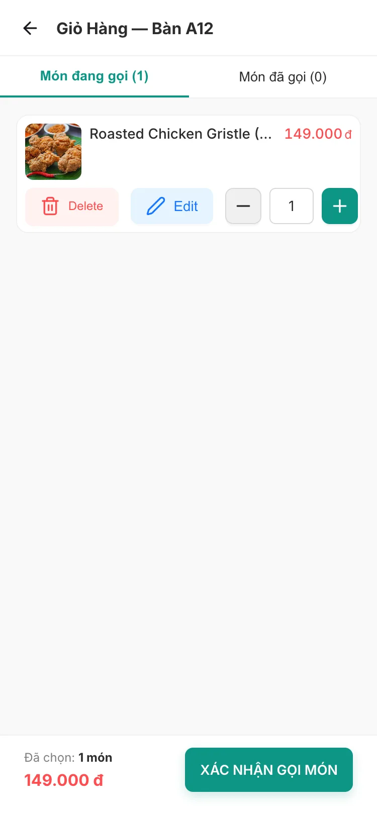 Cart screen for table A12 with one item, Roasted Chicken Gristle at 149,000 đ, with Delete, Edit and quantity controls, and a “Xác nhận gọi món” (confirm order) button beside the total of 149,000 đ.