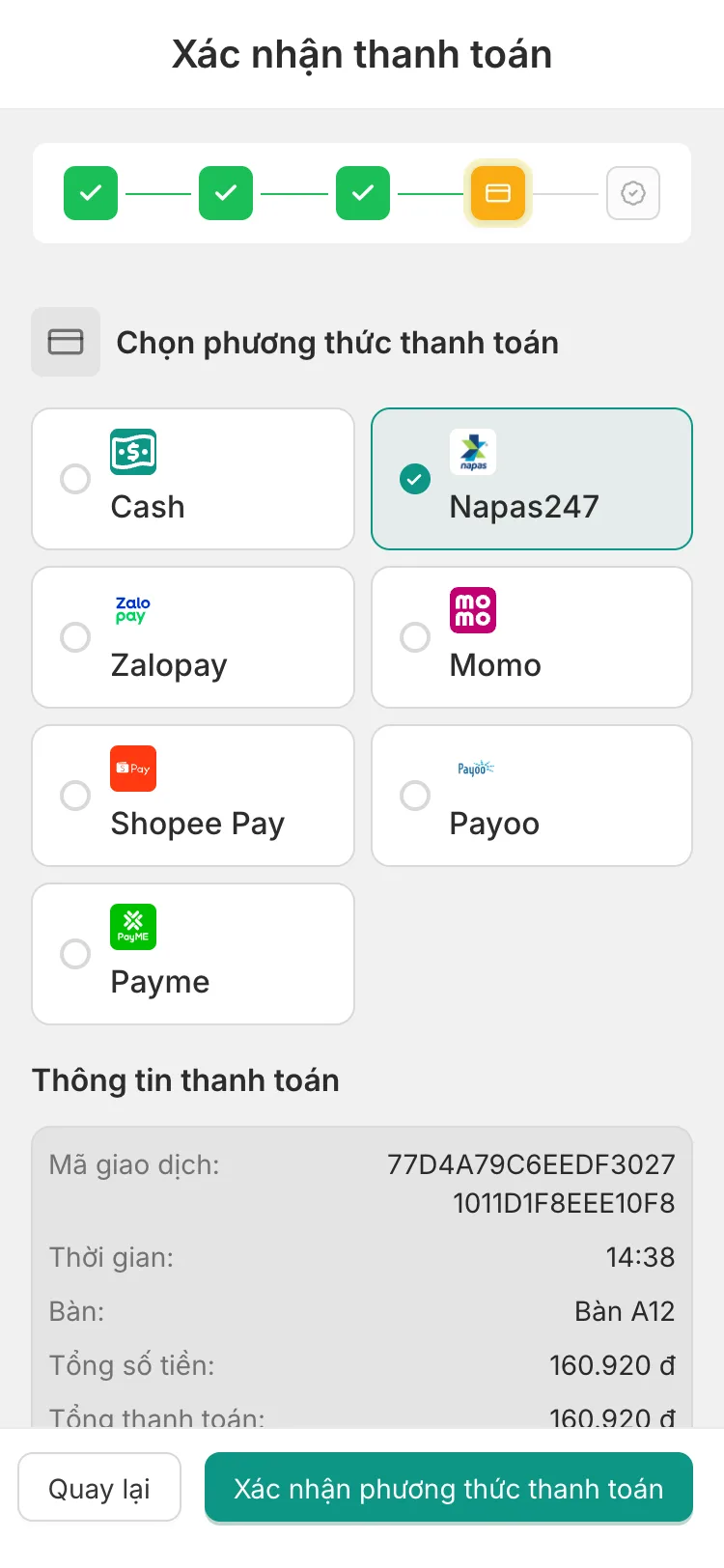 Payment screen with a five-step progress bar (three steps done, the fourth active) and seven payment method cards: Cash, Napas247 (selected), Zalopay, Momo, Shopee Pay, Payoo and Payme. Below is a payment summary with a total of 160,920 đ.