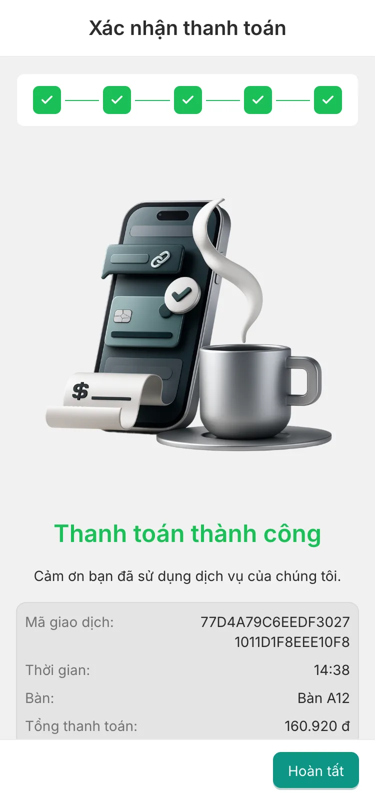 Payment success screen with all five progress steps checked, a 3D illustration of a phone, a receipt and a cup, the message “Thanh toán thành công” (payment successful) and a summary with transaction code, time, table A12 and a total of 160,920 đ.